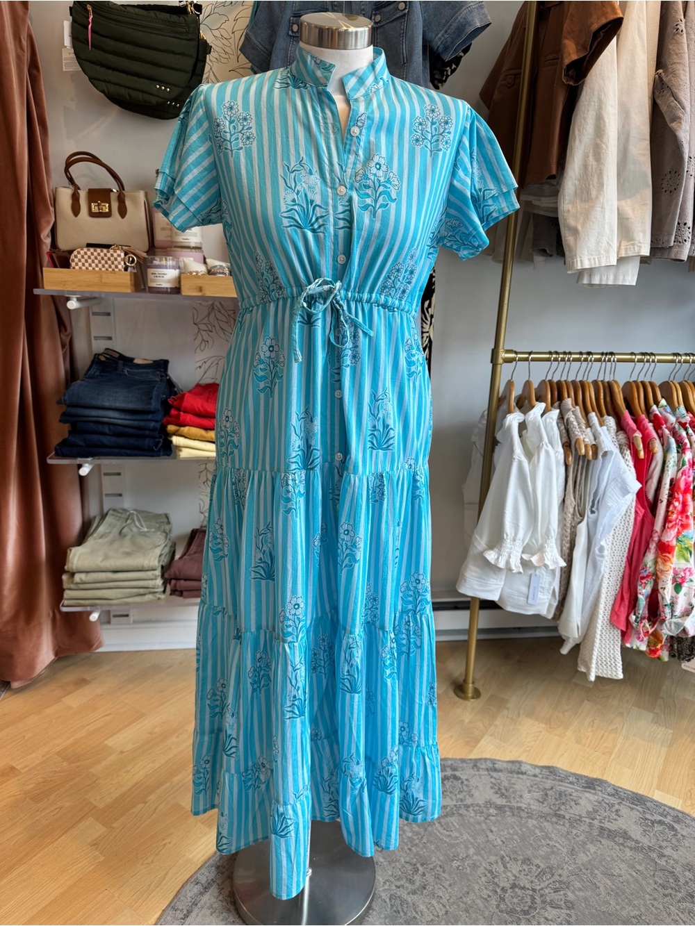 Light Blue Cotton Striped Floral Maxi Dress with Tie Waist